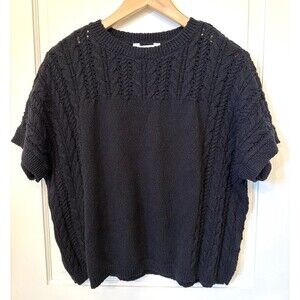 Boxy Black Open Pointelle Cable Knit Sweater M Dolman Short Sleeves Romantic